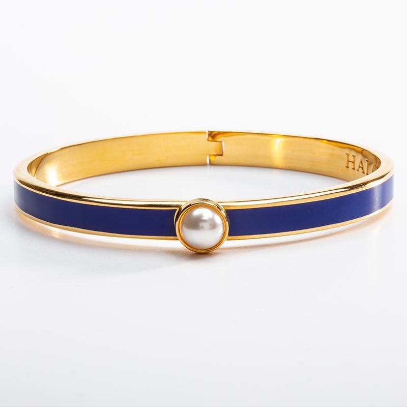 Skinny Cabochon Pearl Cobalt & Gold Bangle