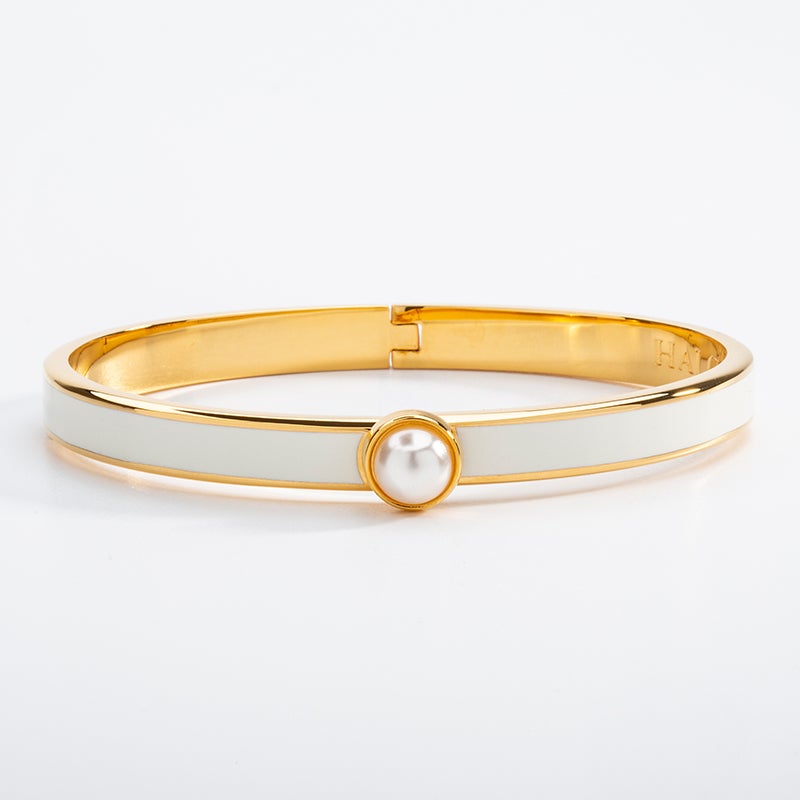 Skinny Cabochon Pearl Cream & Gold Bangle