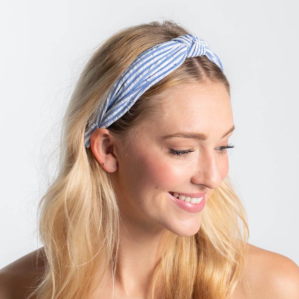 Blue Seersucker Top Knot Headband