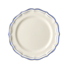 Load image into Gallery viewer, The Filet collection evokes everyday elegance with classic blue and white paired with scalloped trim. Delicate brush strokes are hand-drawn on the contours of each shell-shaped piece. 9 1/8&quot; D Dishwasher Safe
