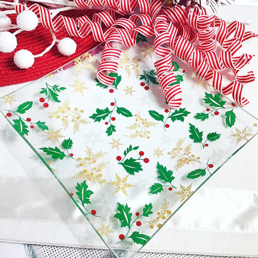 Holly Tempered Glass Square Platter